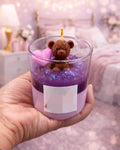 Decorative Candle with Teddy Bear, Purple Gel Wax, Pink Heart, Glass Container, Cute Home Decor