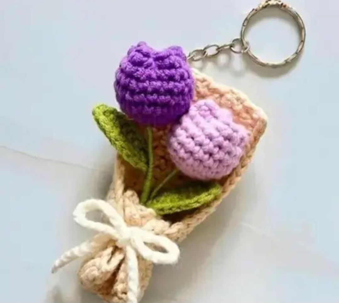 Crochet Tulip Bouquet Keychain, Purple, Handmade Knit Flower Bag Charm, Cute Boho Accessory