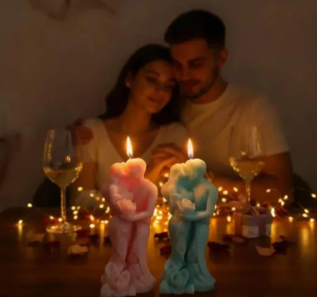 Decorative Couple Hug Candles, Pink and Blue, Romantic Figure Candles, Set of 2
