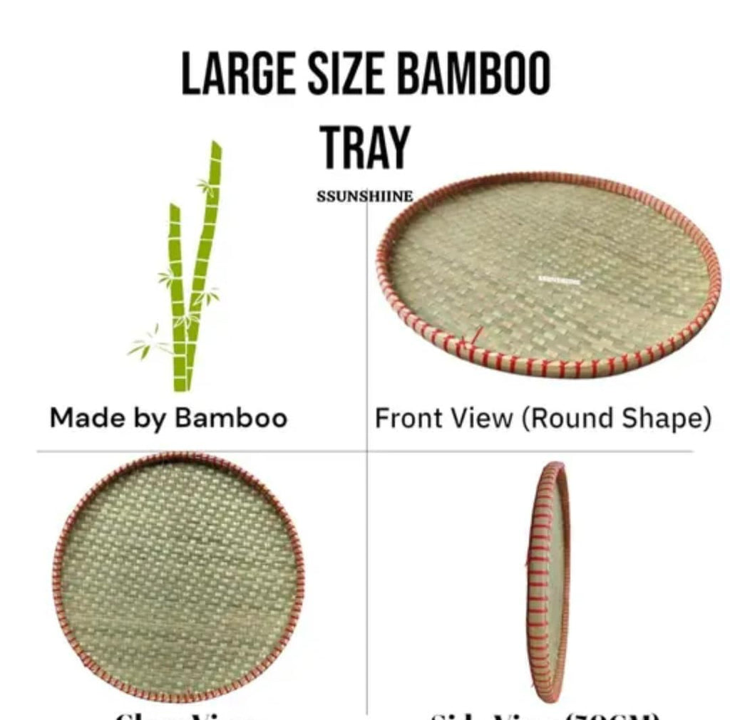 Handwoven Bamboo Tray, Large Round, Natural with Red Trim, Flat Serving Platter