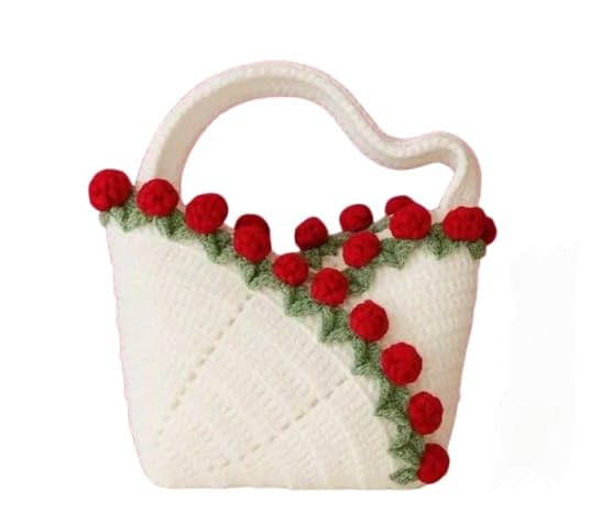 Handmade Crochet Tote Bag, White with Red Floral Embellishments, Knit Handbag, Boho Floral Style