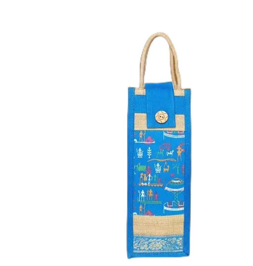 Jute Water Bottle Bag, Blue, Warli Print, Rope Handle with Button Closure, Reusable Carrier Tote