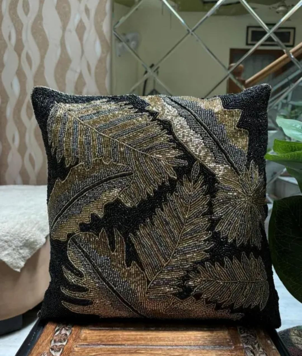Beaded Throw Pillow Cover, Black and Gold, Tropical Leaf Design, Decorative Cushion Cover, Handmade