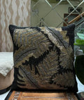 Beaded Throw Pillow Cover, Black and Gold, Tropical Leaf Design, Decorative Cushion Cover, Handmade