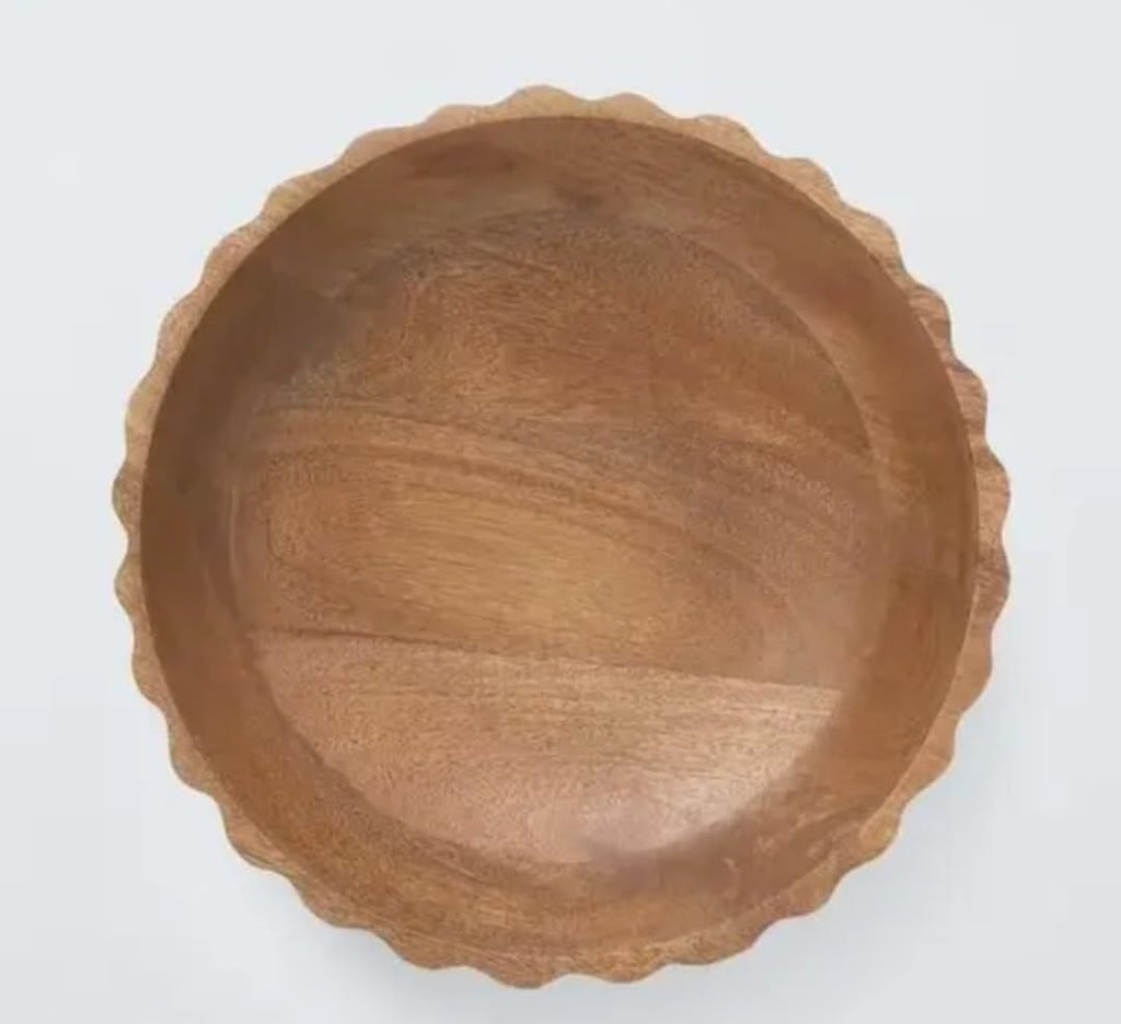 Wooden Bowl, Natural Wood, Rustic Carved Edge, Decorative Serving Dish