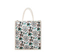 Decorative Canvas Tote Bag with Folk Art Pattern, Turquoise and Brown Elephant Print, White Background