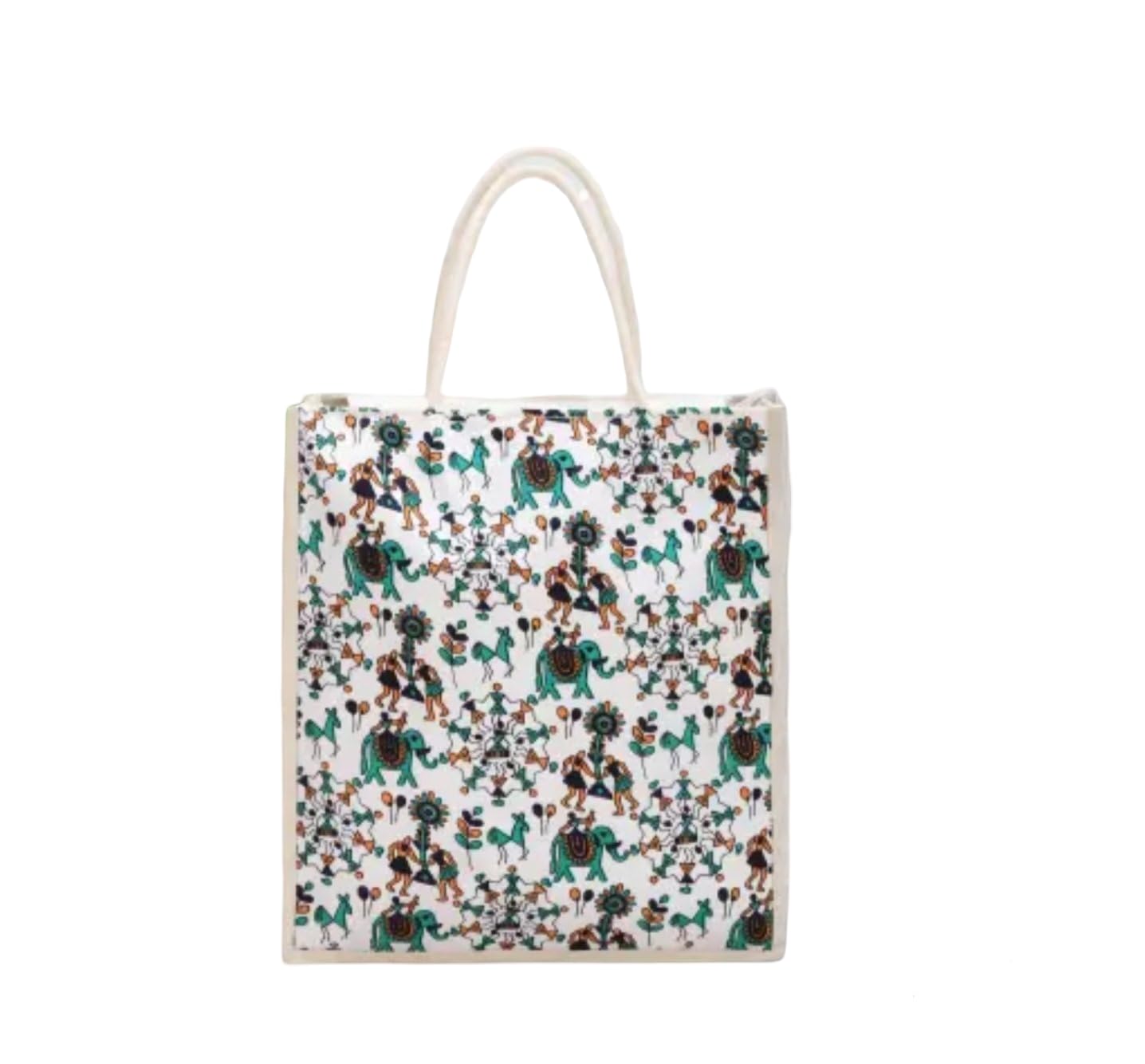 Decorative Canvas Tote Bag with Folk Art Pattern, Turquoise and Brown Elephant Print, White Background