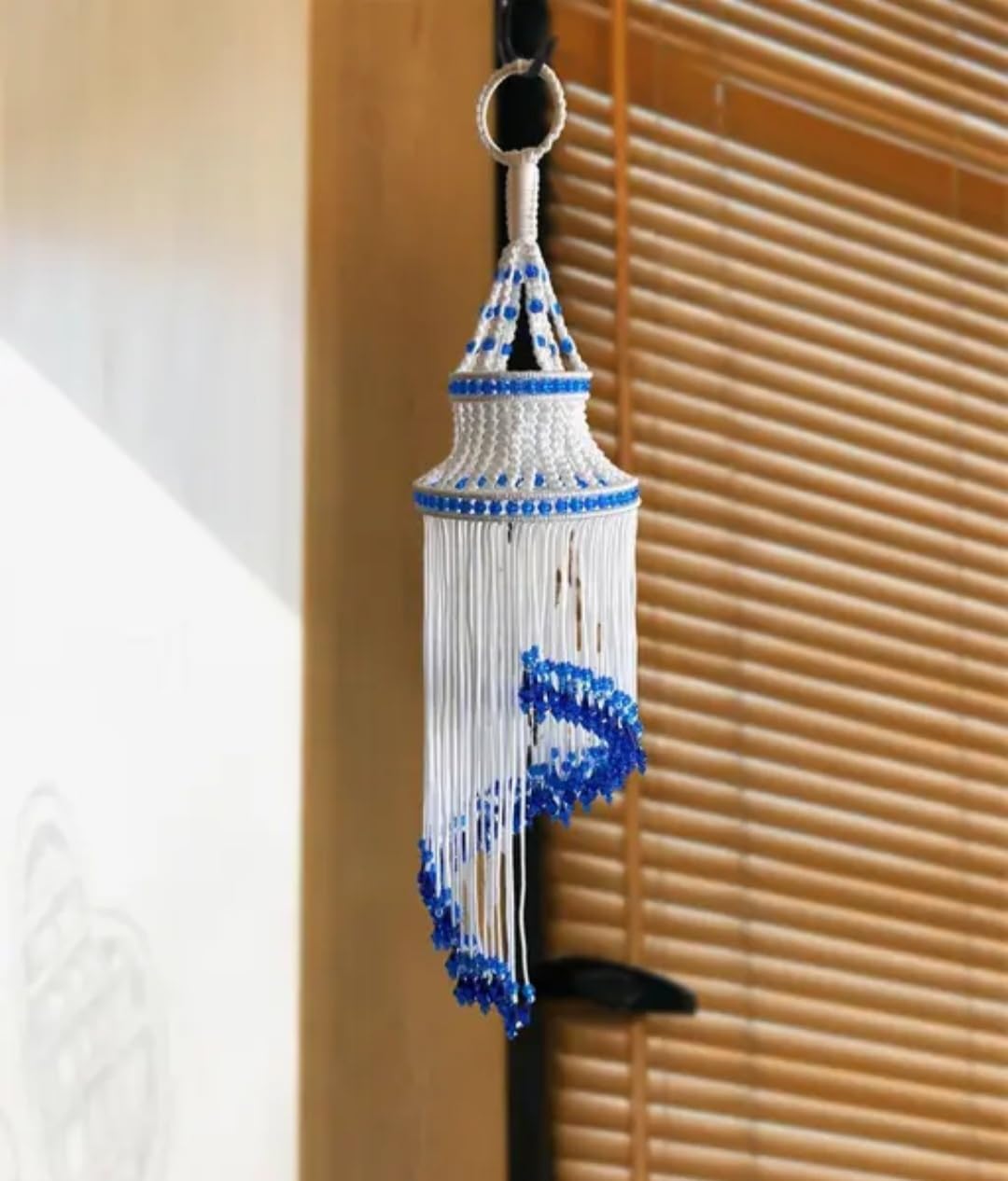 Handmade Macrame Wind Chime, White and Blue Beaded Hanging Decor, Boho Style