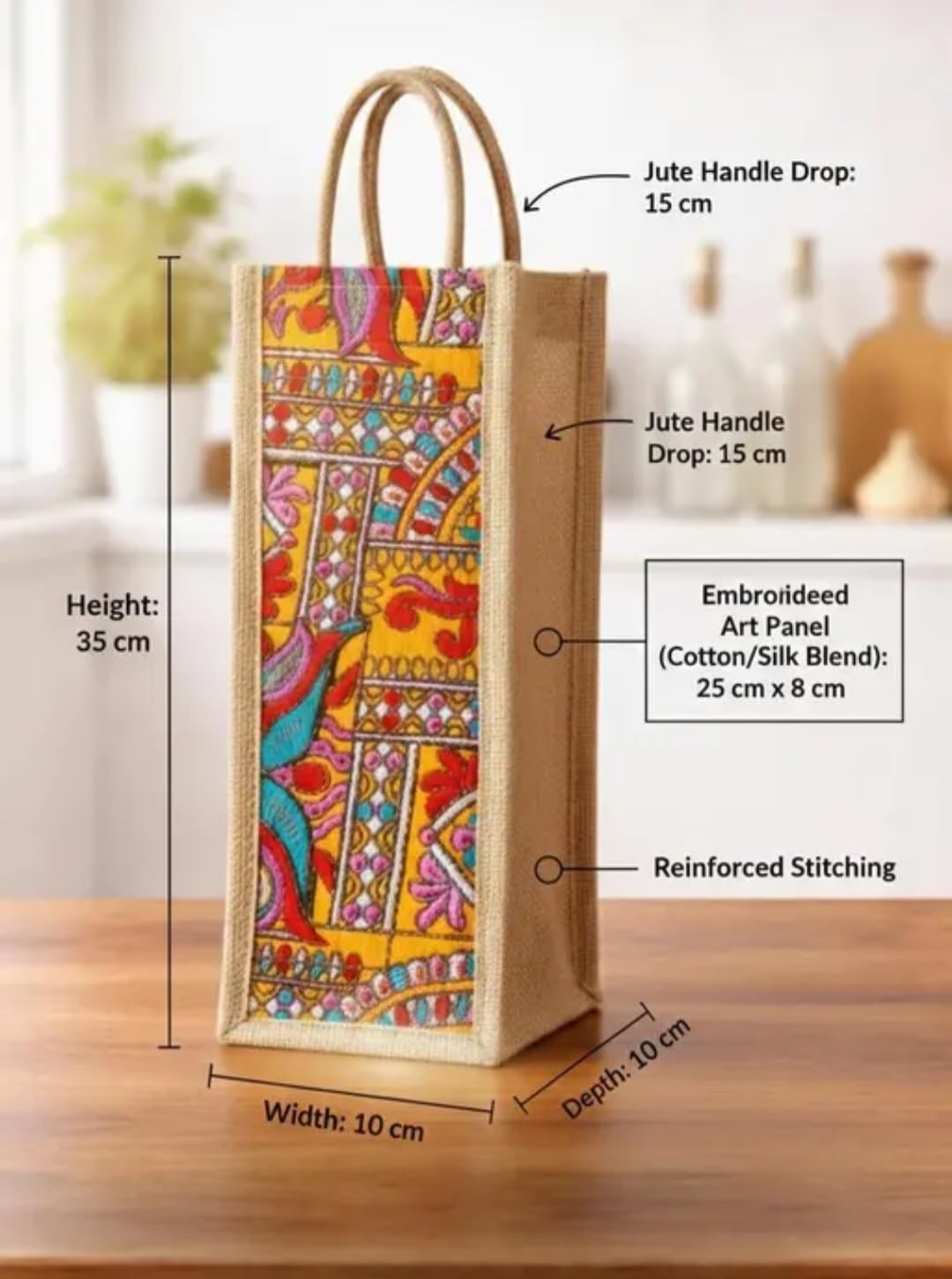 Jute Bottle Bag with Colorful Embroidered Floral Print, Reusable Tote with Rope Handles