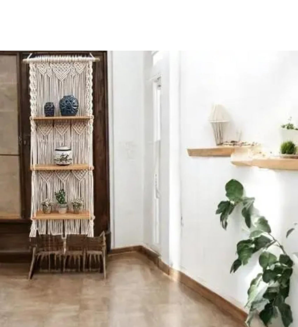 Macrame Wall Hanging Shelf, 3-Tier Wooden Display Shelves with Decorative Woven Cotton Rope, Boho Home Decor