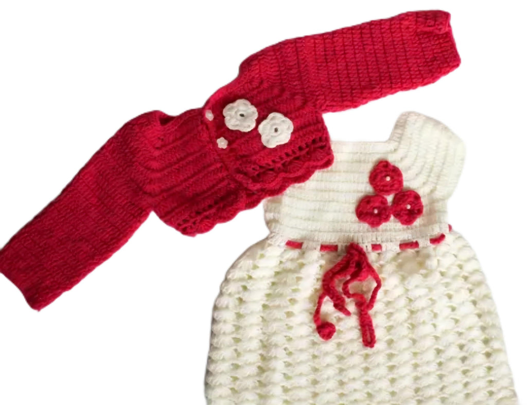 Handmade Crochet Baby Girl Dress with Bolero Cardigan Set, Red and White, Floral Detail