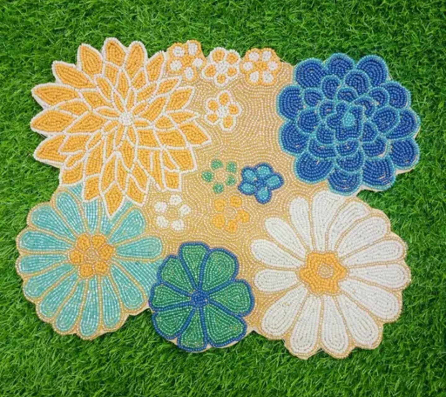 Beaded Floral Placemat, Blue Yellow White Flowers, Round Shape, Decorative Table Mat for Dining