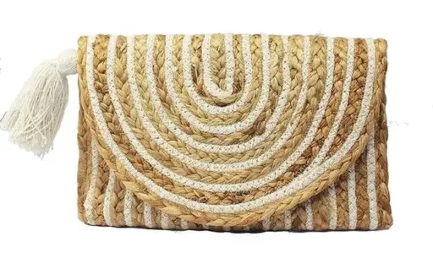 Handwoven Jute Area Rug, Natural and White Semicircle Pattern, Braided Design