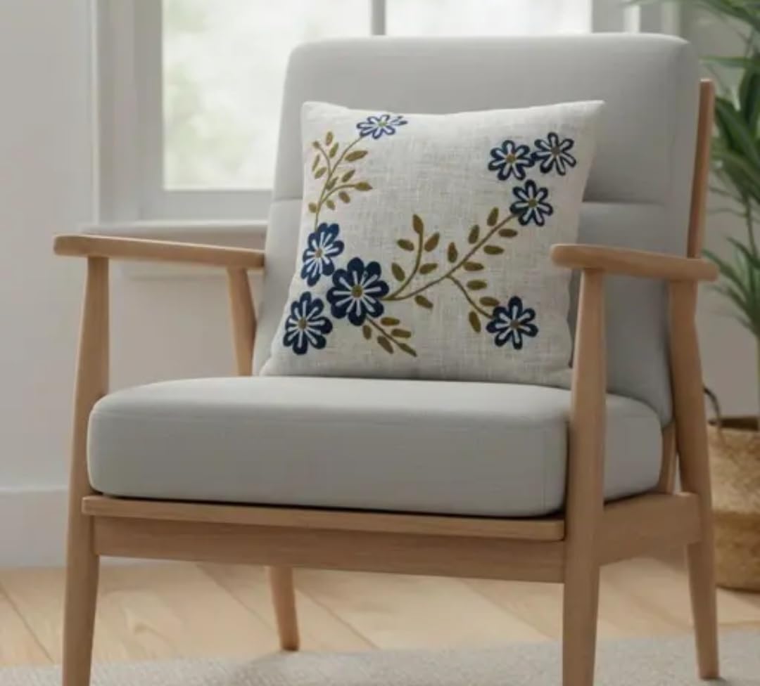 Embroidered Throw Pillow Cover, Floral Design, Navy Blue and Olive Green, Natural Linen Texture