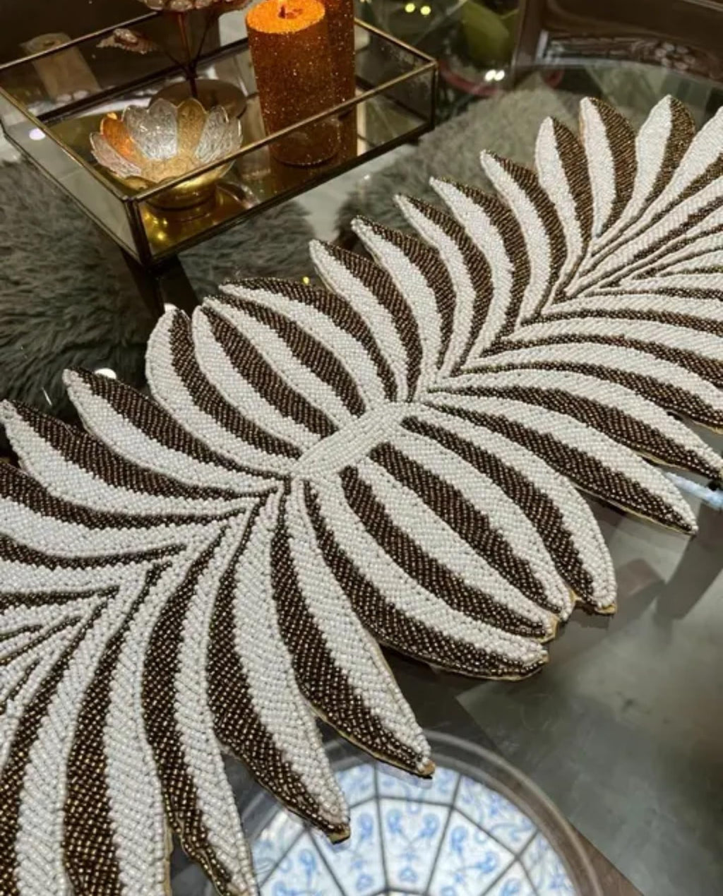 Woven Palm Leaf Handmade Placemat, Natural Brown and White, Tropical Table Decor