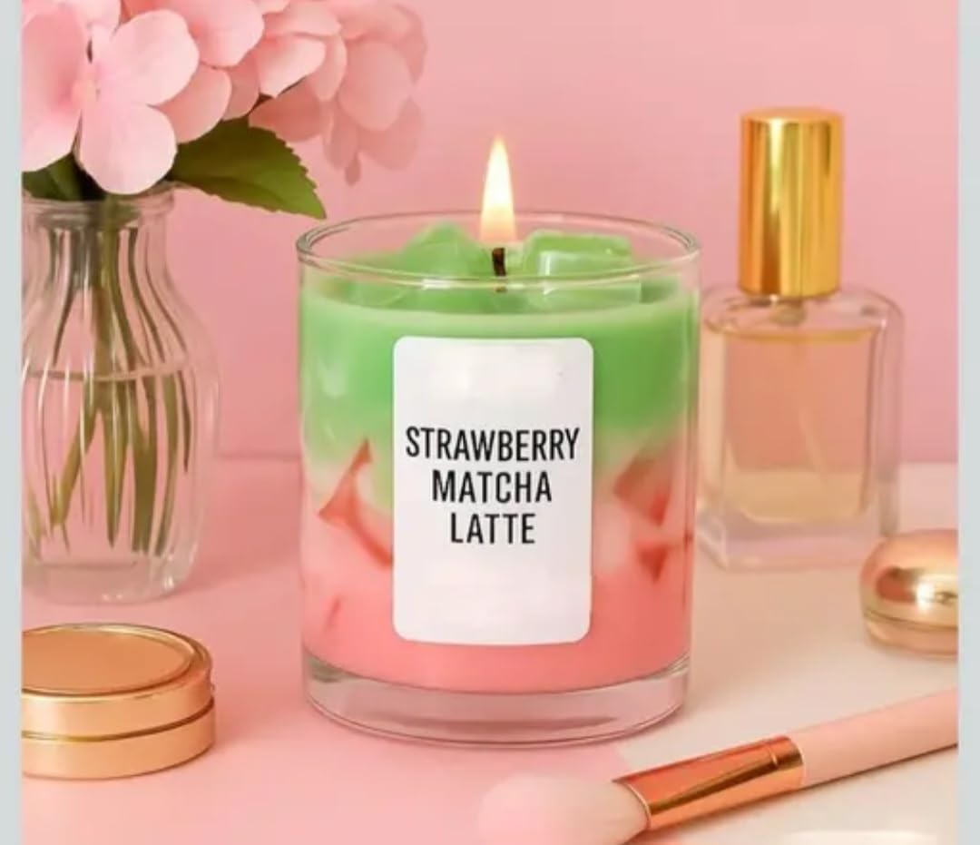Strawberry Matcha Latte Candle, Green and Pink Layered Wax, Glass Jar, Novelty Drink-Inspired