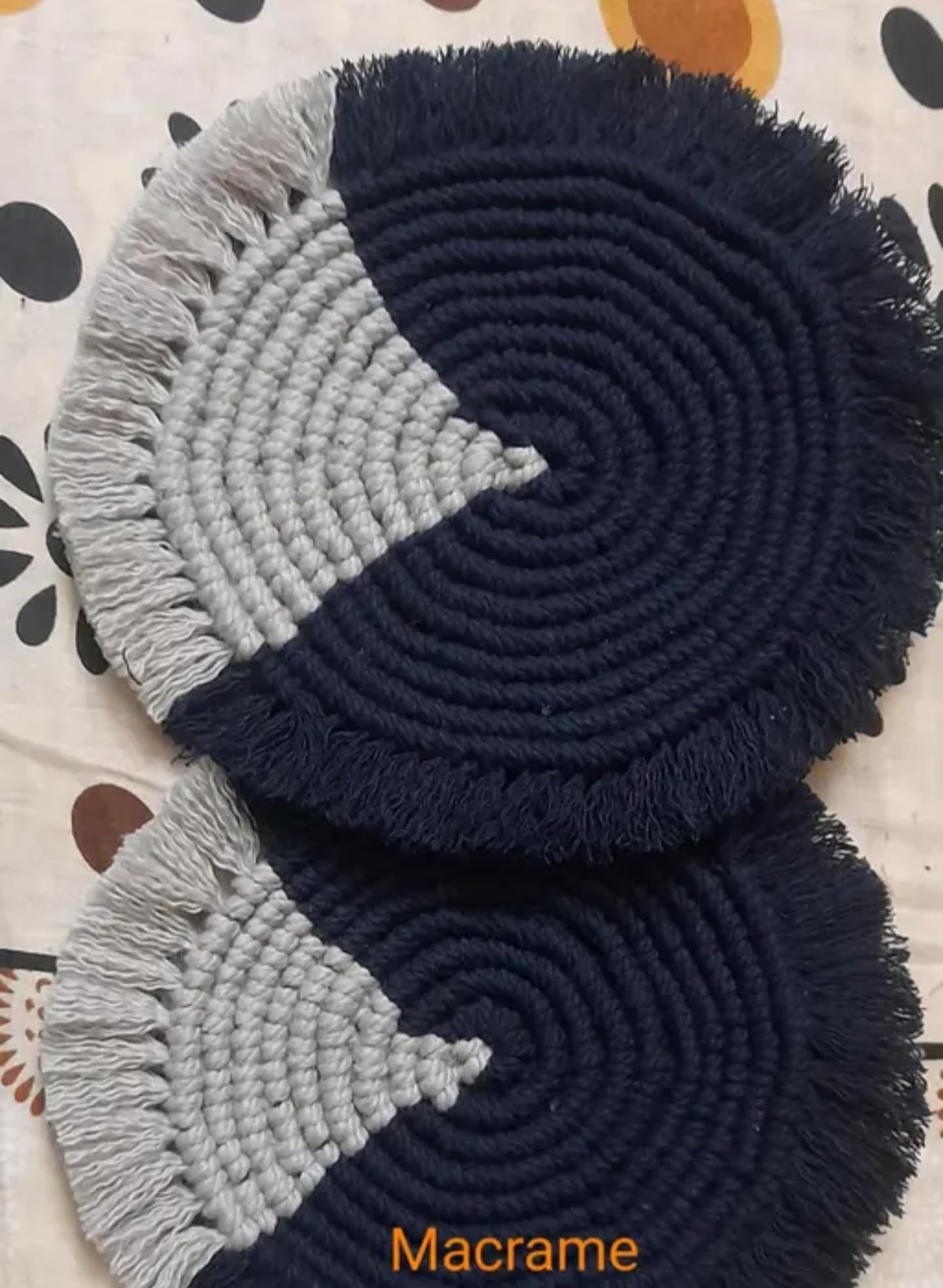 Handmade Round Macrame Coasters, Navy Blue and Grey, Set of 2, Boho Home Decor
