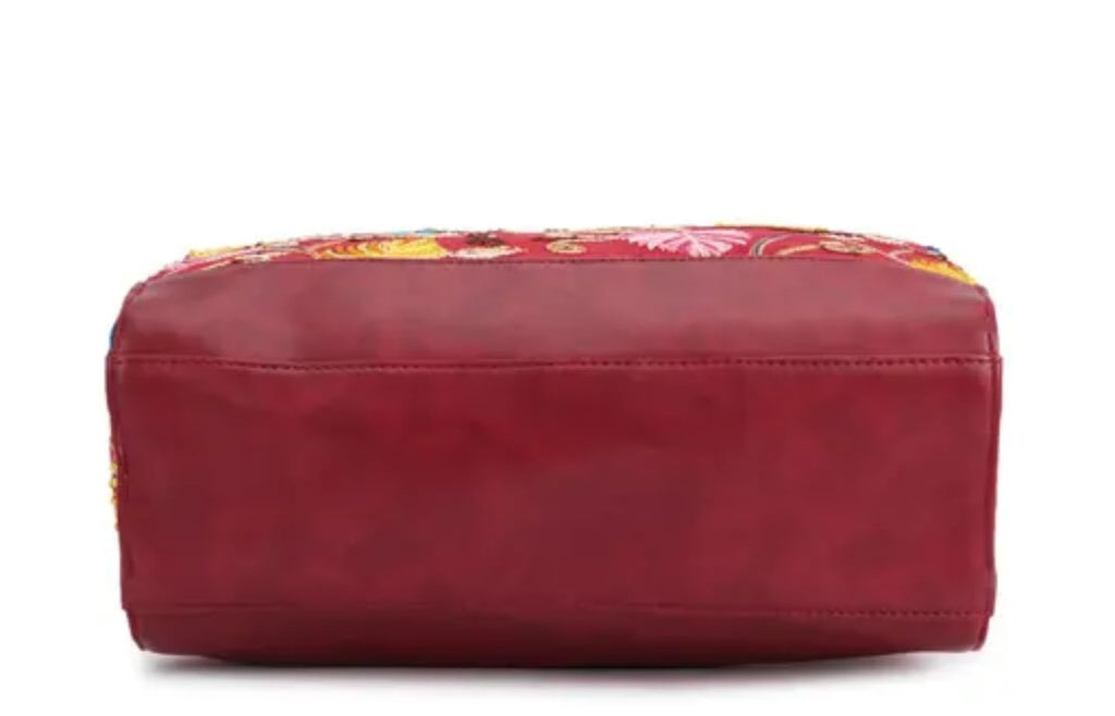 Kashmiri traditional Embroidered Handbag, Floral Embroidered Tote Bag, Red with Blue Flowers, Double Handle, Decorative Gold and Pink Leaf Pattern