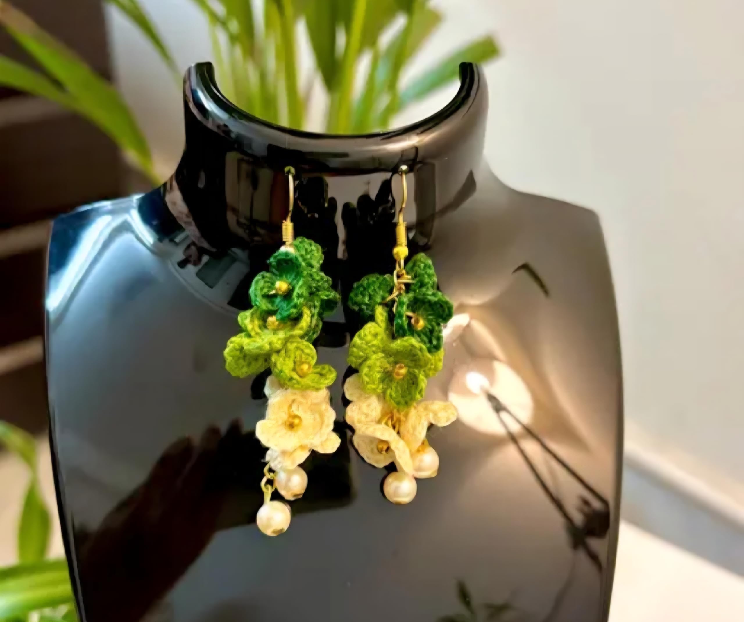 Handmade Floral Earrings with Pearls, Green and White Flowers, Dangle Drop Style, Gold Accents