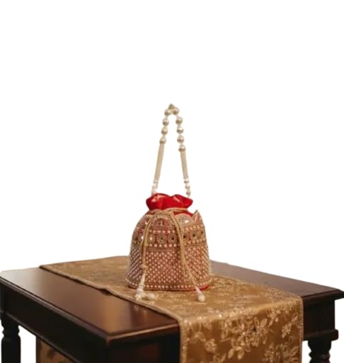 Embroidered Potlie Bag, Red and Gold, Pearl Handle, Bridal Clutch for Wedding