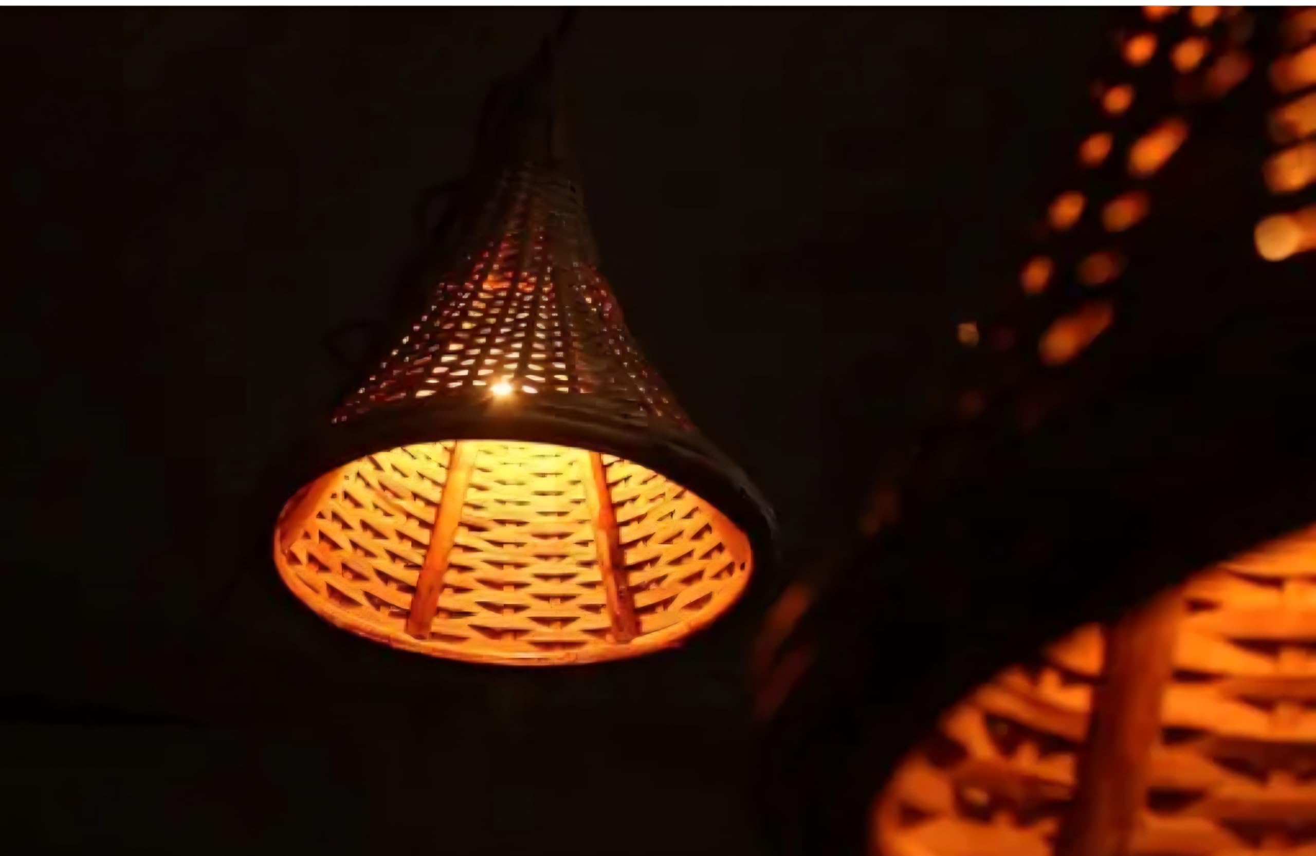 Woven Bamboo Pendant Light, Conical Shade, Warm Ambient Lighting, Asian Style