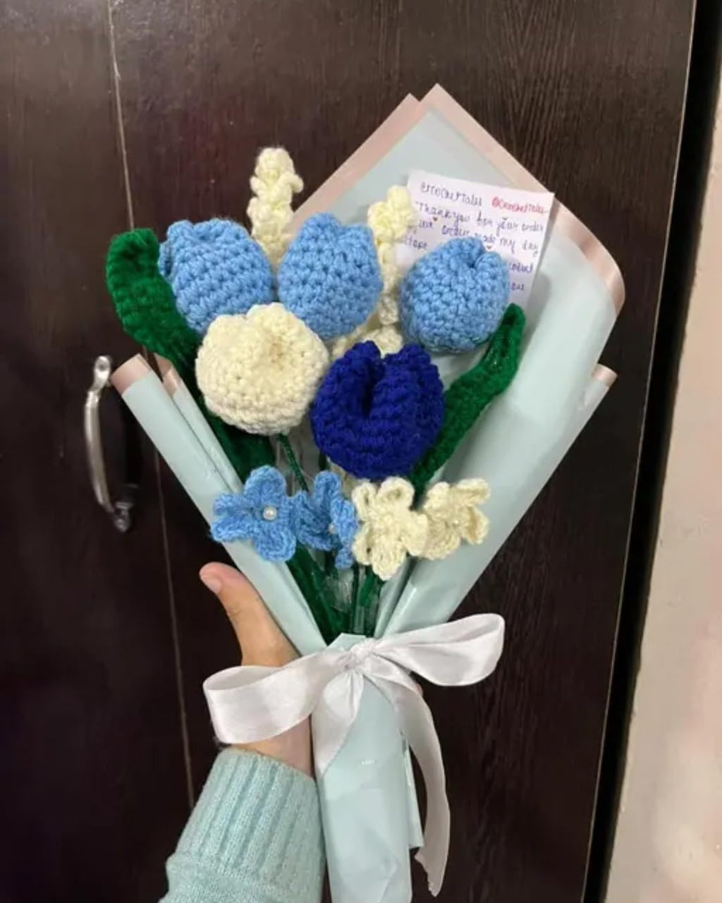 Handmade Crochet Flower Bouquet, Blue and Cream Tulips, Knitted Artificial Floral Gift