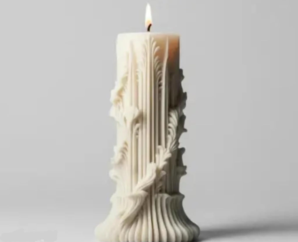 Decorative Carved Pillar Candle, White, Floral Pattern Design, Handcrafted
