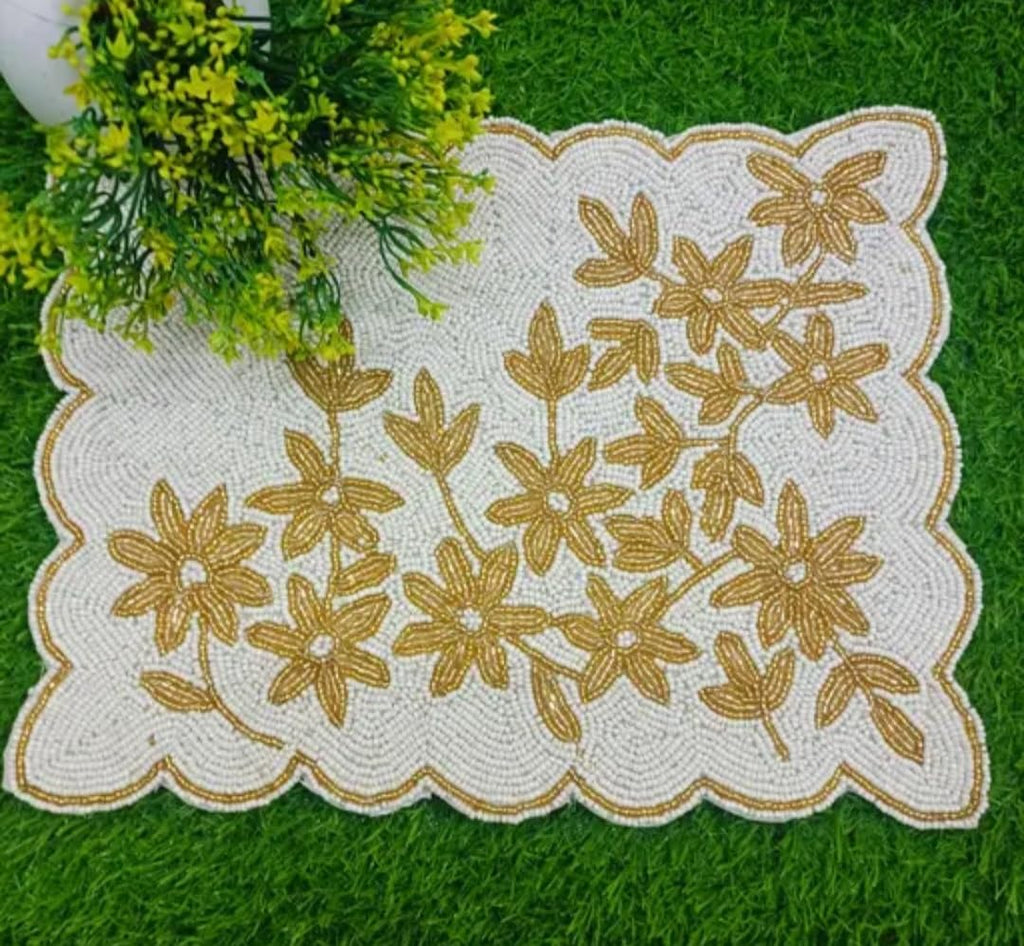 Beaded Placemat with Gold Floral Design, White, Scalloped Edge, Decorative Table Accent