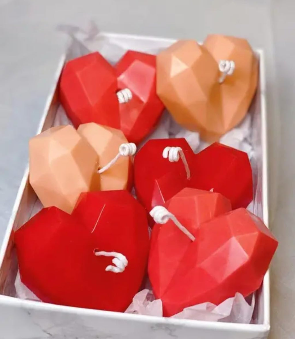 Geometric Heart Shaped Candles, Pink/Coral, Decorative Faceted Design, Romantic Theme