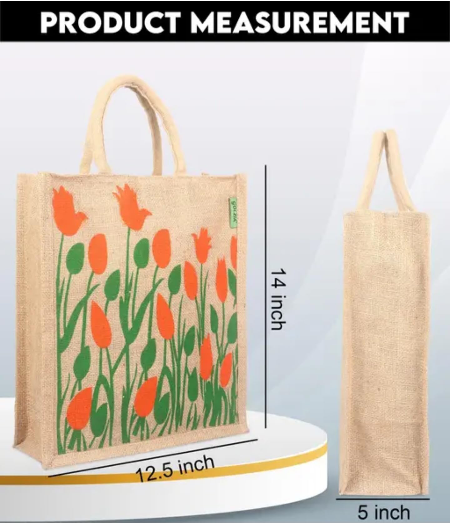 Reusable Jute Shopping Bag with Floral Design, Love Food Hate Waste Message, Natural
