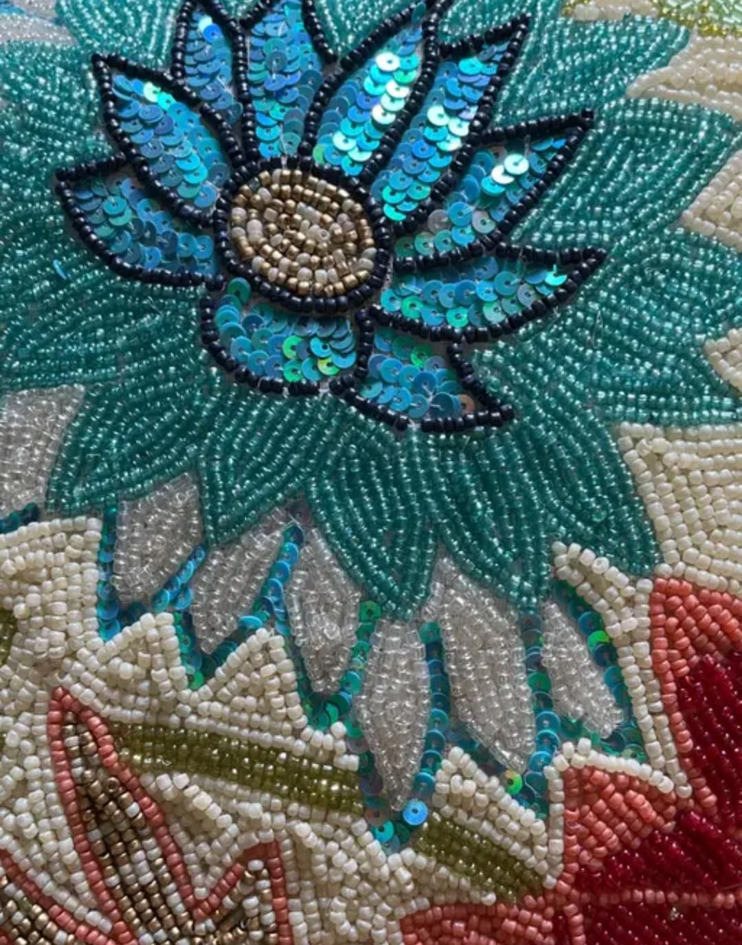 Beaded Floral Decorative Throw Pillow Cover, Turquoise and Coral Flowers, Cream Background, Square Cushion Cover