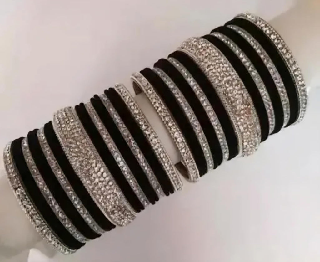 Black Velvet and Silver Crystal Bangles Set, Traditional Indian Style, Rhinestone Embellished