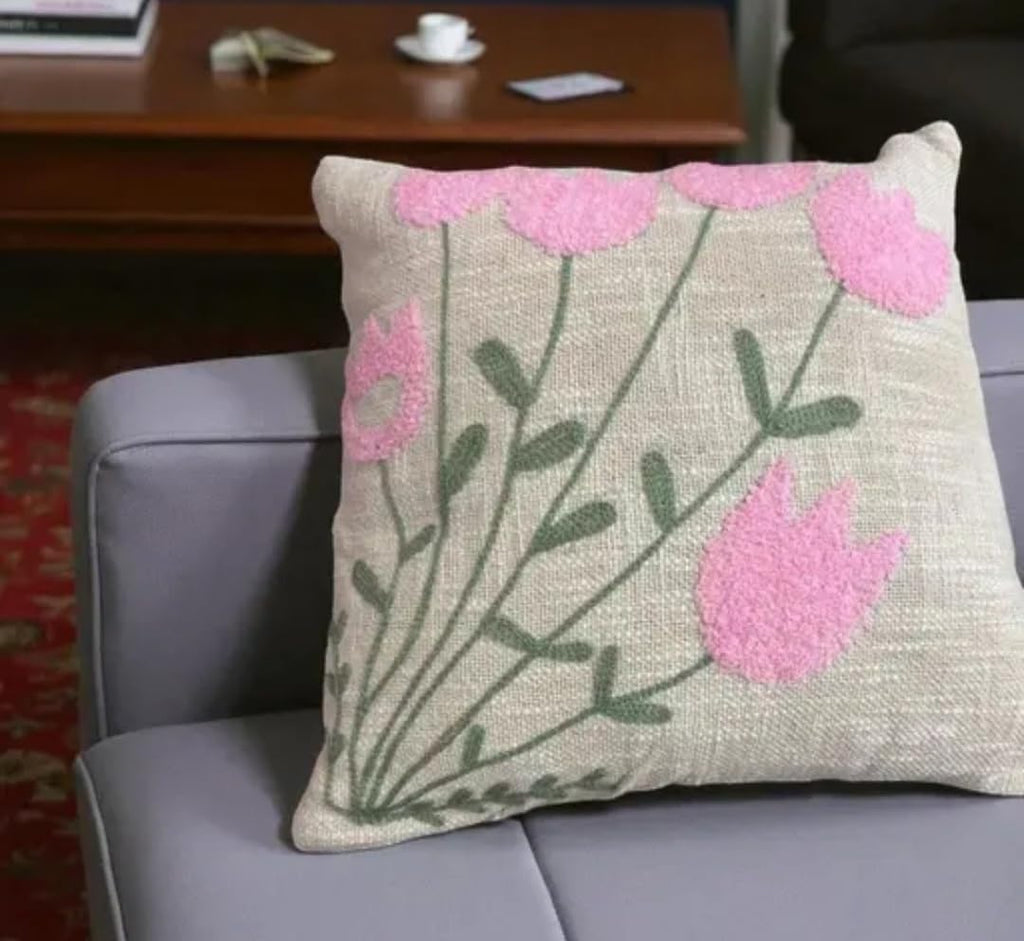 Decorative Throw Pillow Cover, Pink Floral Embroidered Design, Beige Linen, Square Cushion Case