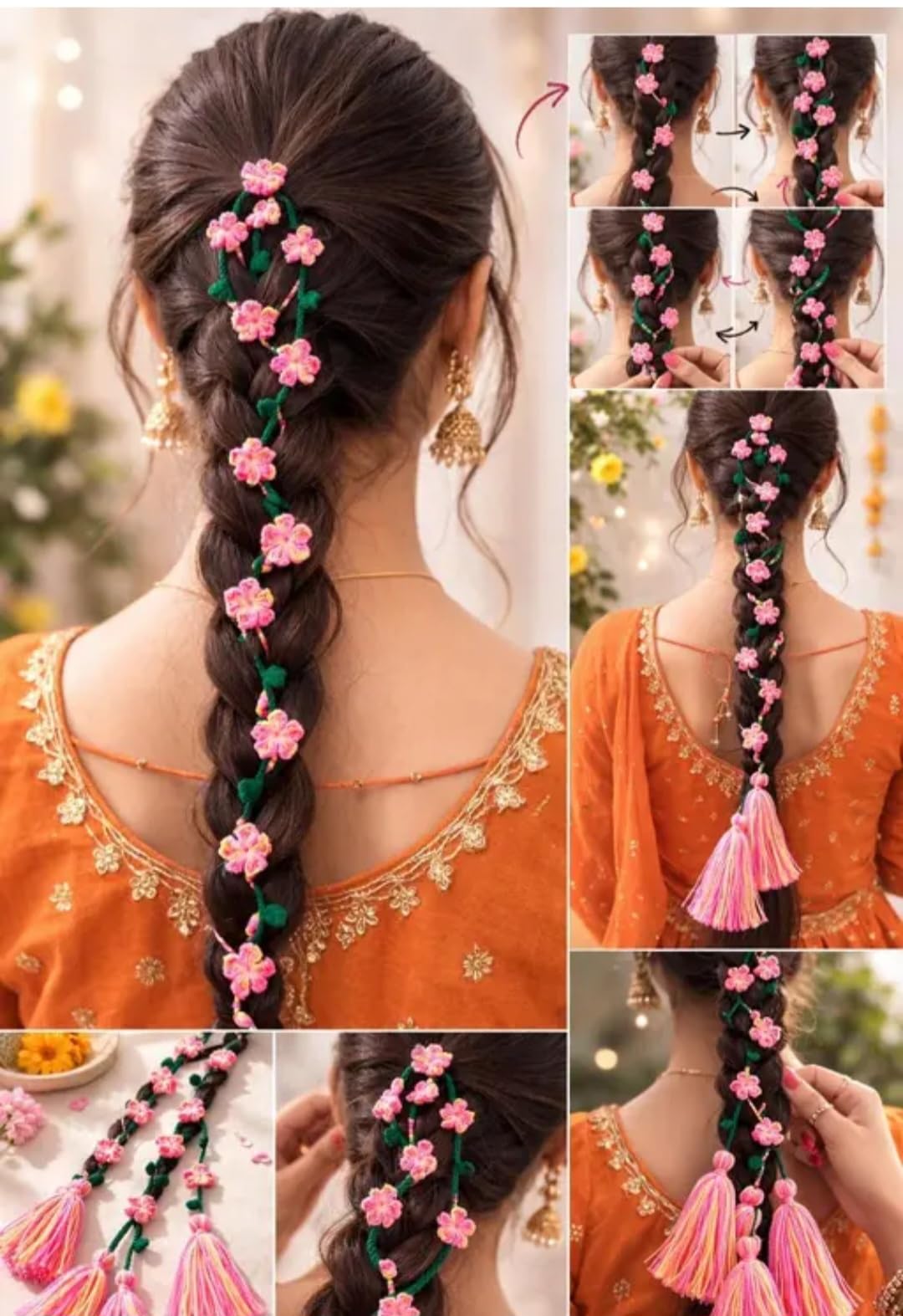 Floral Braid Hair Accessory with Pink Flowers, Green Yarn, Tassels, Festive Indian Style