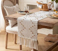 Boho Table Runner with Tassels, Woven Cotton, Neutral Beige, Dotted Texture, Farmhouse Dining Decor