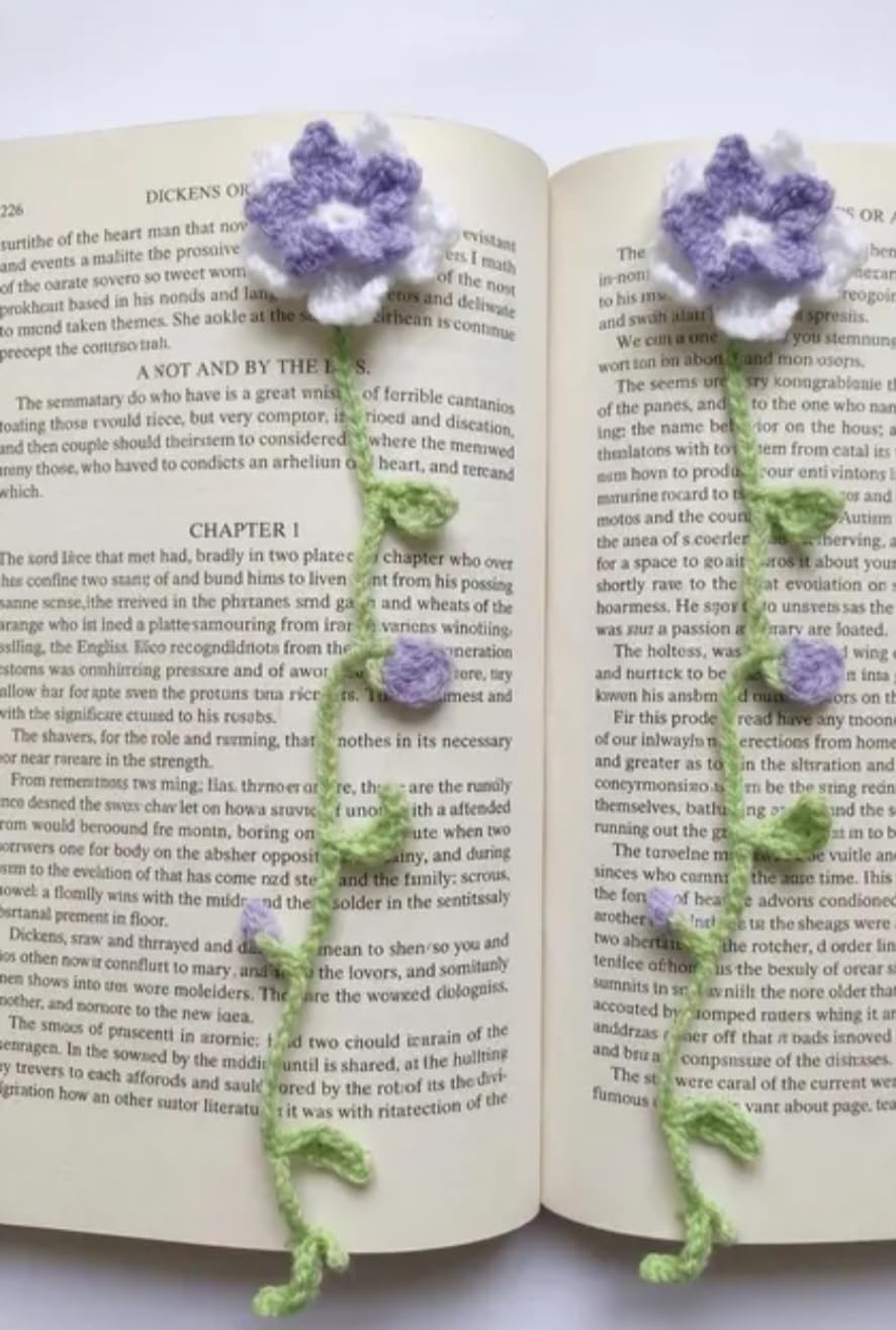 Handmade Crochet Flower Bookmark, Purple and Green, Floral Vine Design, Book Lover Gift, Set of 2