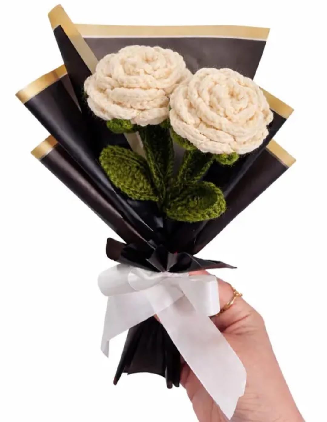 Handmade Crochet Rose Bouquet, White Flowers with Green Leaves, Black and Gold Wrapping, Decorative Gift