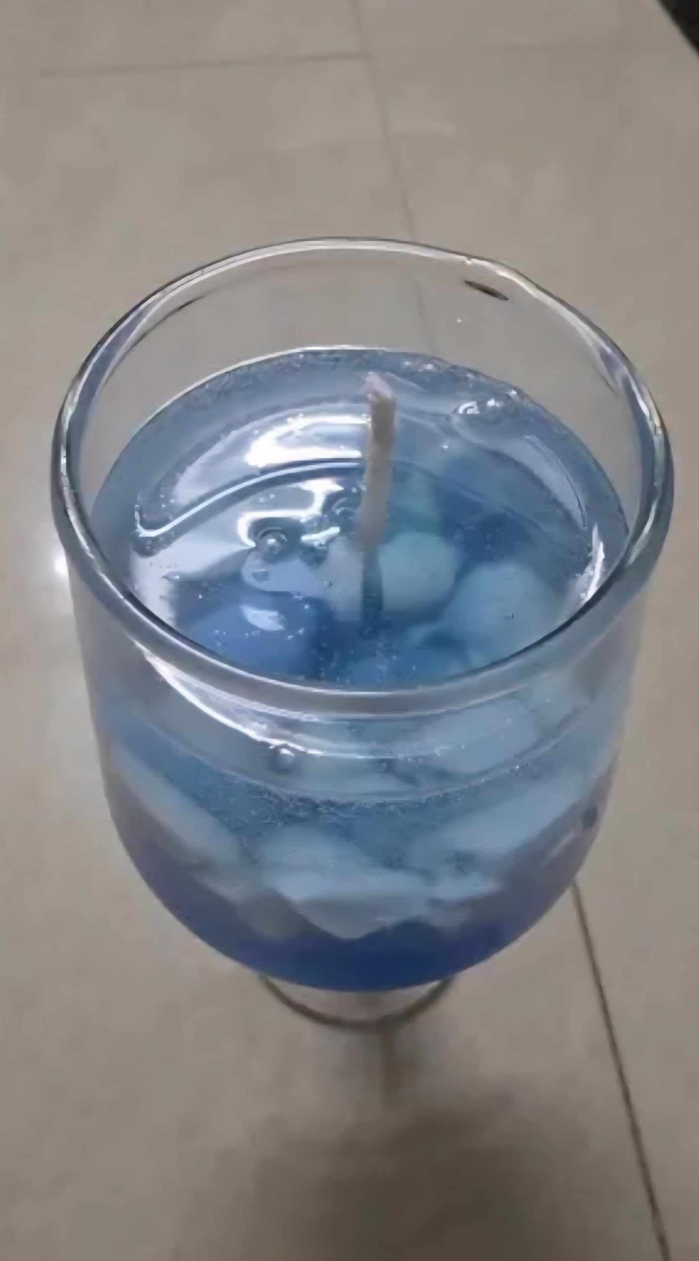 Blue Gel Candle in Clear Wine Glass, Decorative Ocean-Themed Table Centerpiece