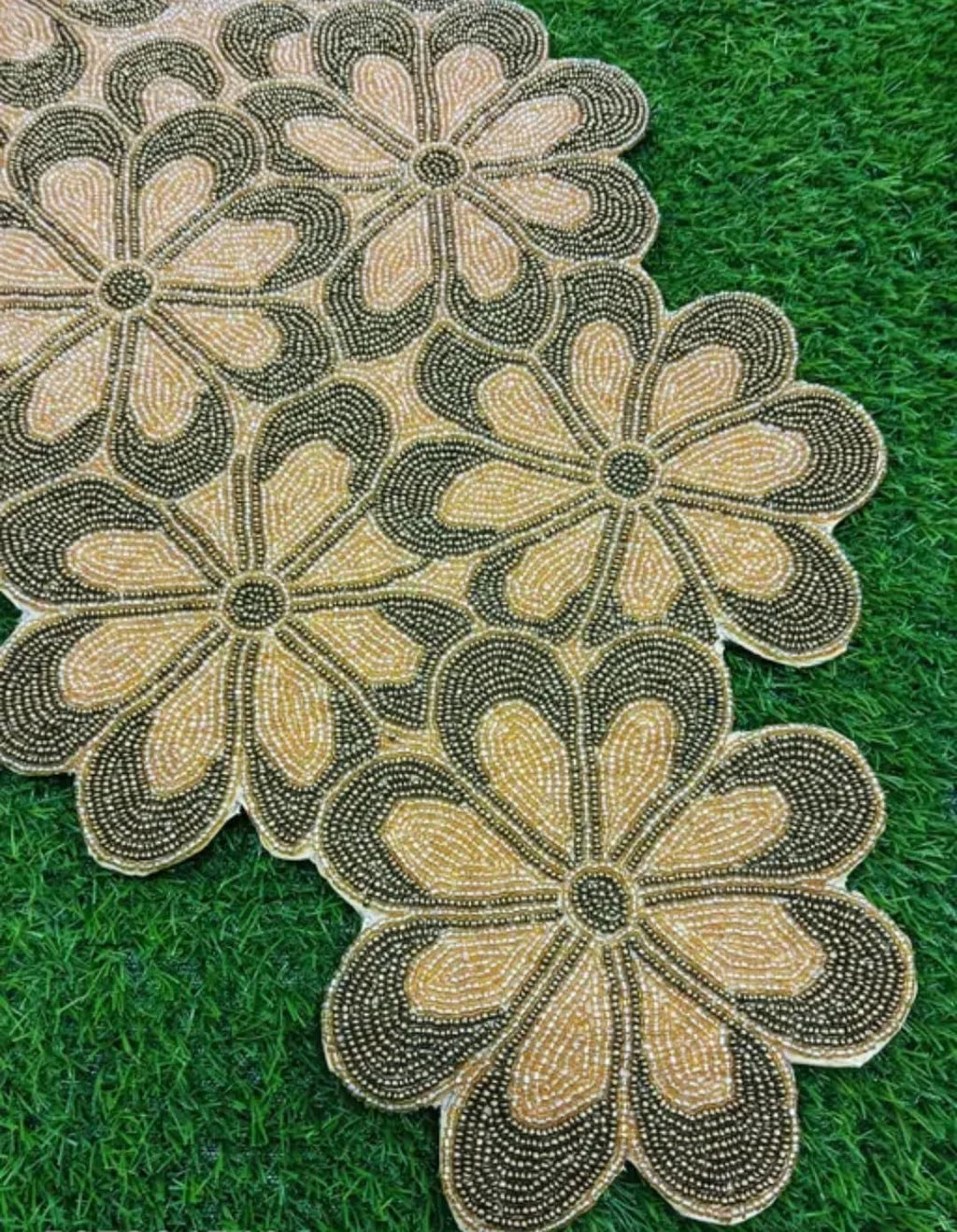 Beaded Table Runner, Floral Design, Gold and Brown, Handcrafted Decorative Home Decor