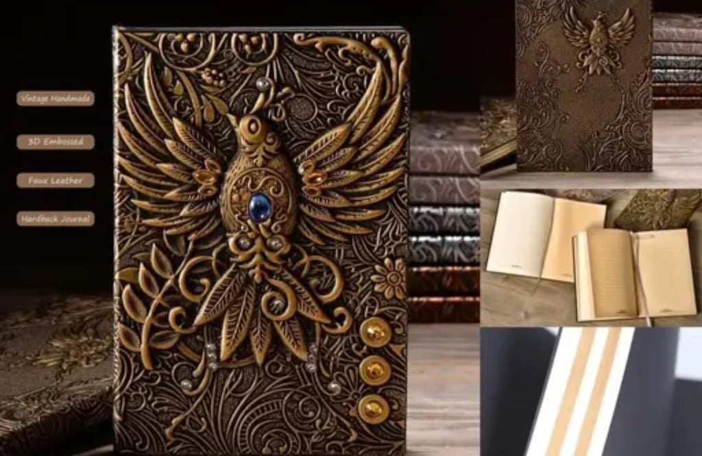 Vintage Bronze Owl Journal Cover, Handcrafted Metal Embossed Design with Blue Crystal Eye, Gothic Medieval Fantasy Style