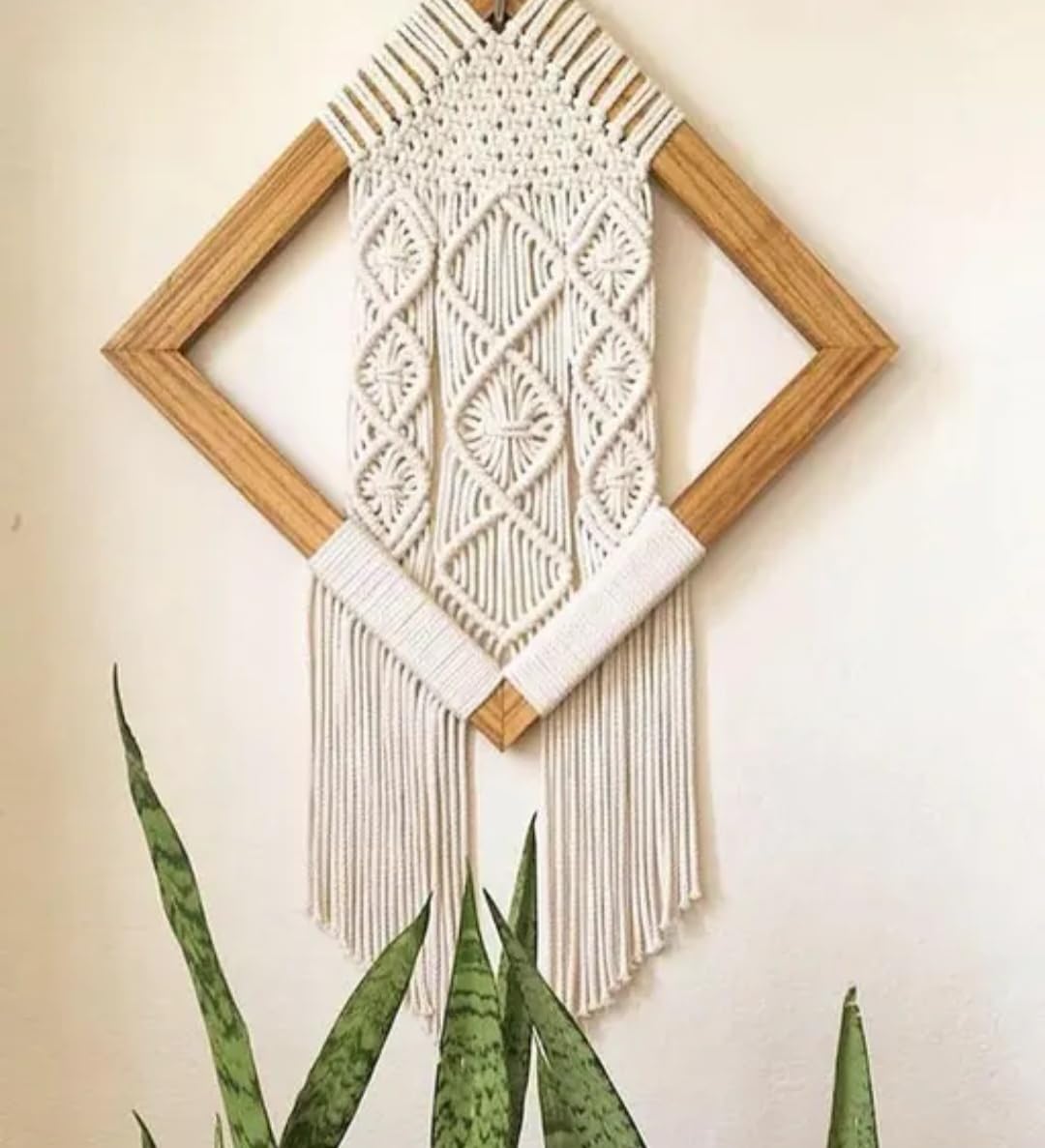 Macrame Wall Hanging with Diamond Wood Frame, Boho Cotton Rope Decor, Cream, Fringe Tapestry