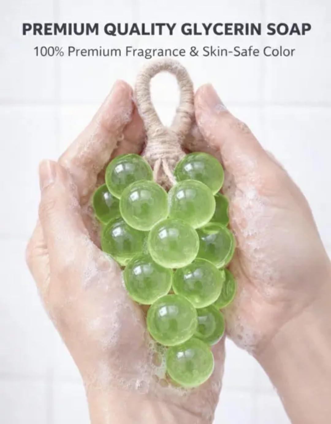 Grape Shaped Soap on Rope, Green, Decorative Bathroom Accessory, Natural Jute Cord