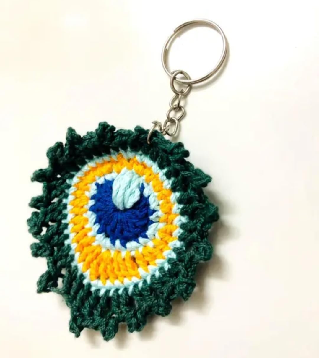 Handmade Crochet Peacock Feather Keychain, Green, Blue and Yellow, Boho Style