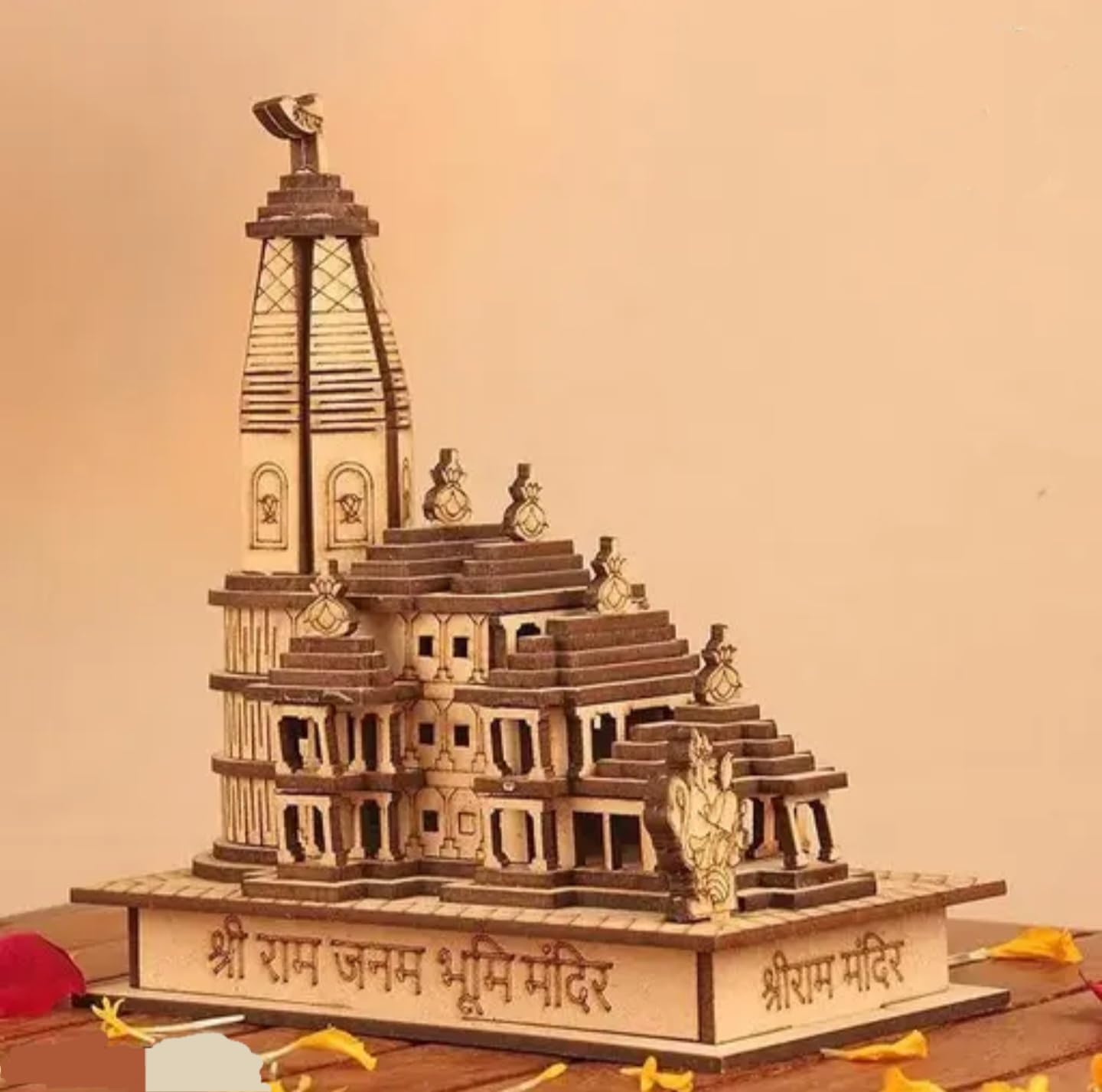 Traditional Wooden Temple Model, DIY Assembly Kit, Hindu Mandir Architecture Replica in Natural Wood Tones, Decorative Religious Display Piece