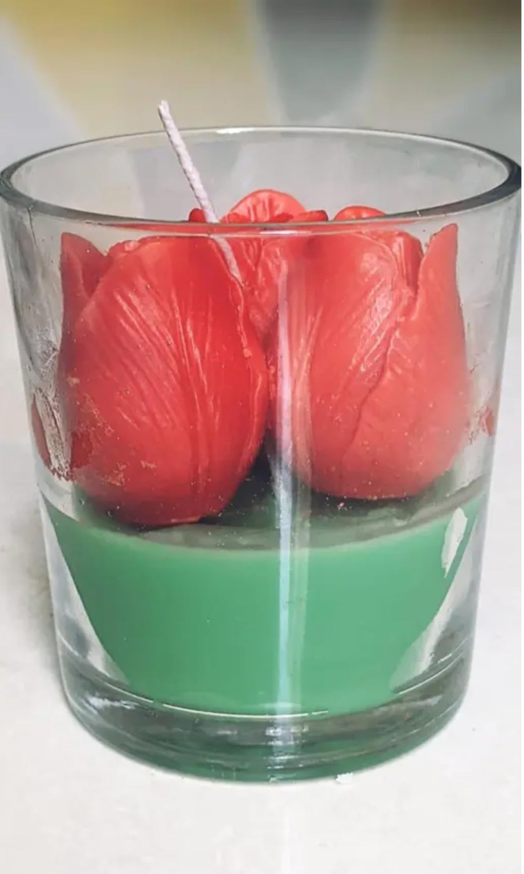 Decorative Red Rose Candle in Glass Votive, Floral Scented, Green Base