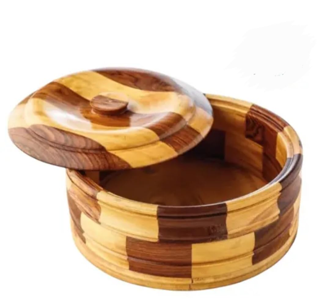 Wooden Storage Bowl with Lid, Checkered Pattern, Two-Tone Brown and Natural Wood, Round Shape, Handcrafted Design