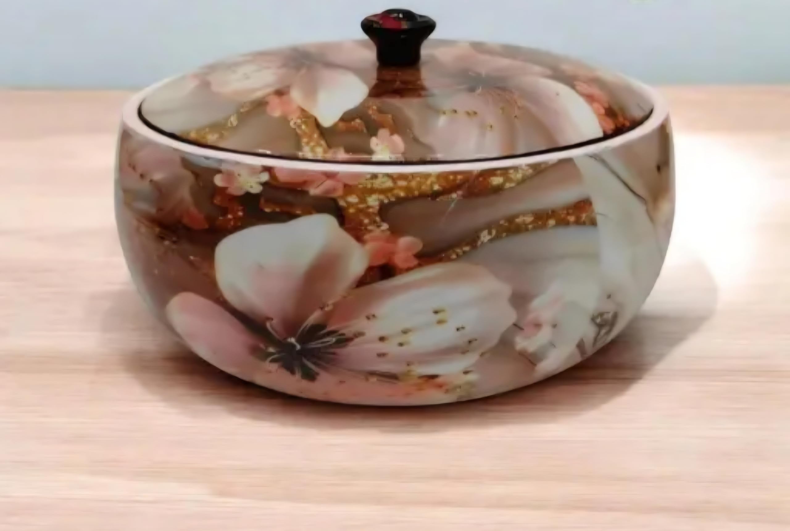 Wooden Bowl with Lid, Floral Design, White with Pink Blossoms and Gold Accents