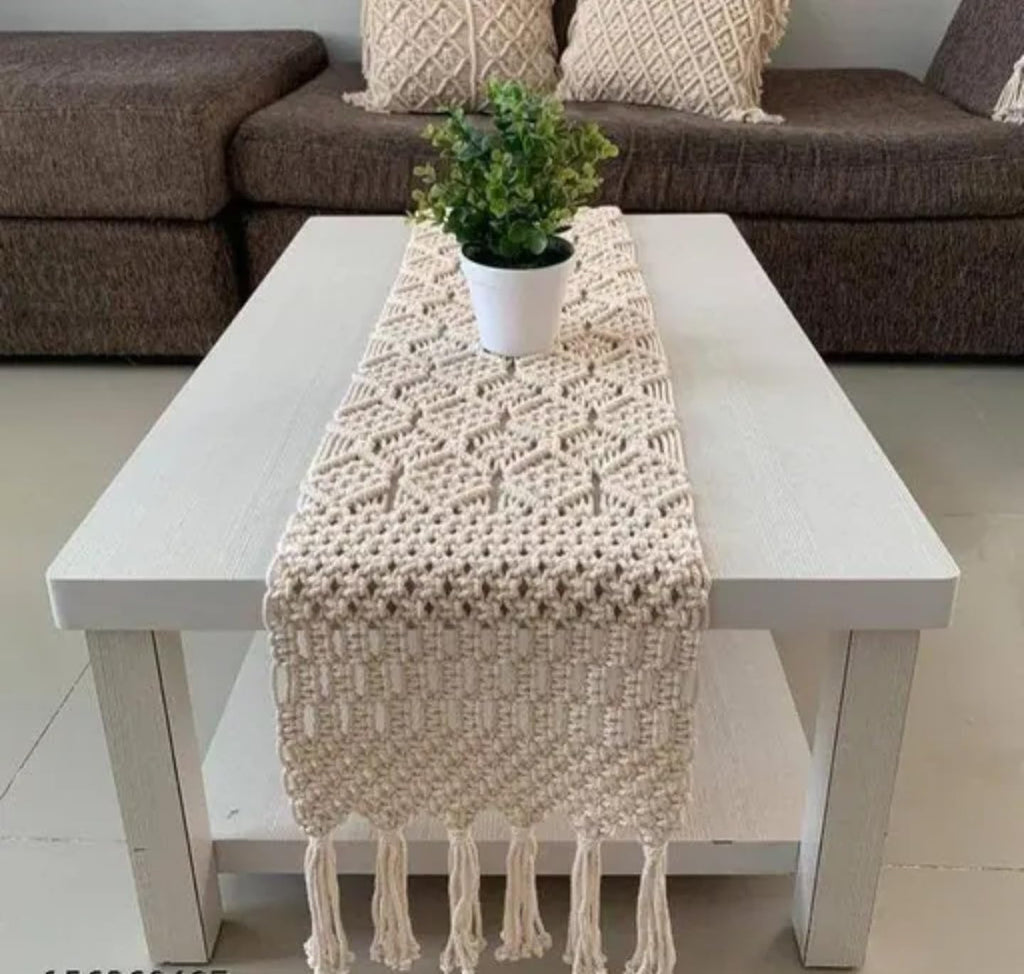 Handmade Macrame Table Runner, White Cotton Crochet Lace with Tassels, Boho Farmhouse Style, for Coffee and Dining Tables