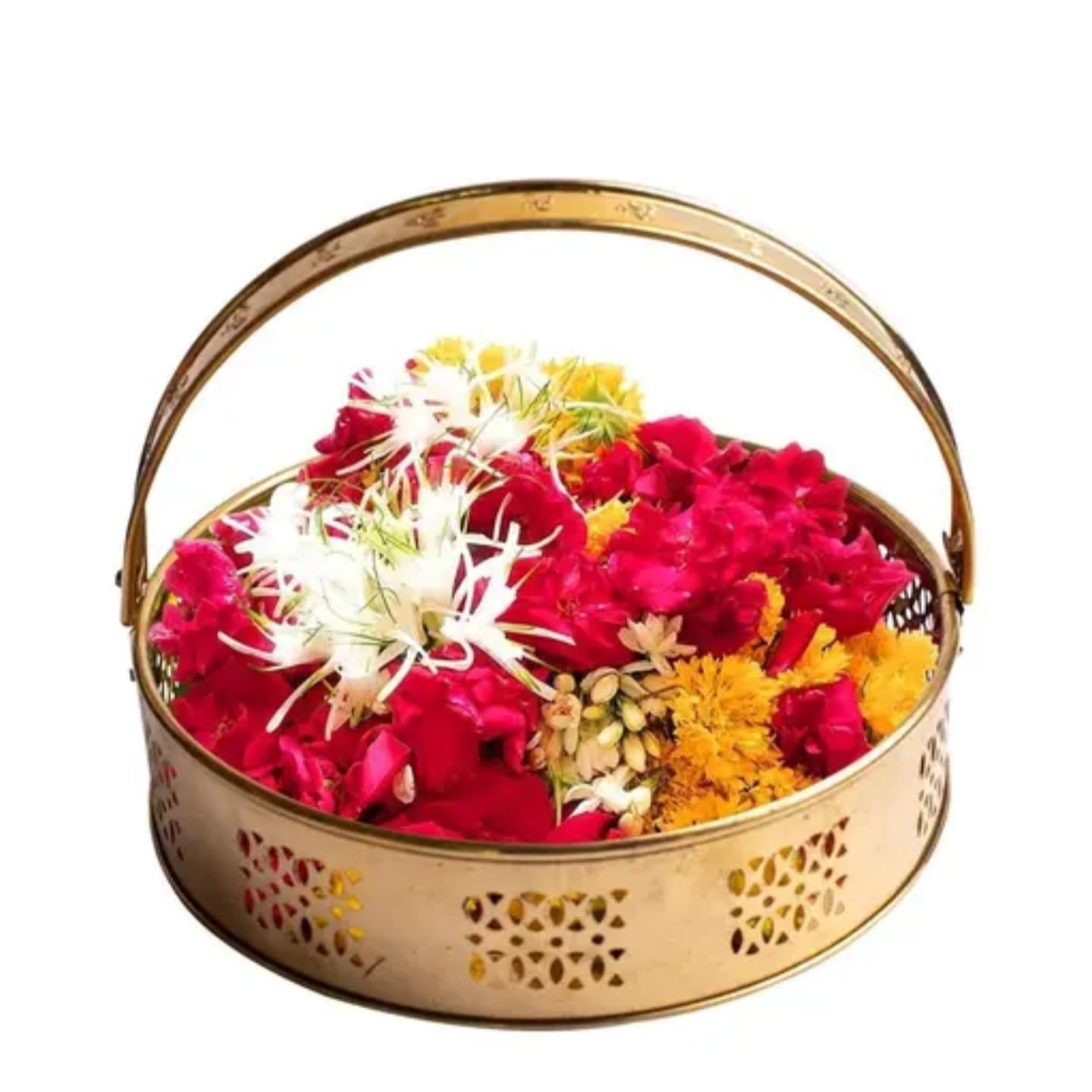 Decorative Metal Basket with Handle, Gold Filigree Design, Traditional Style Floral Container for Fresh Flowers and Arrangements