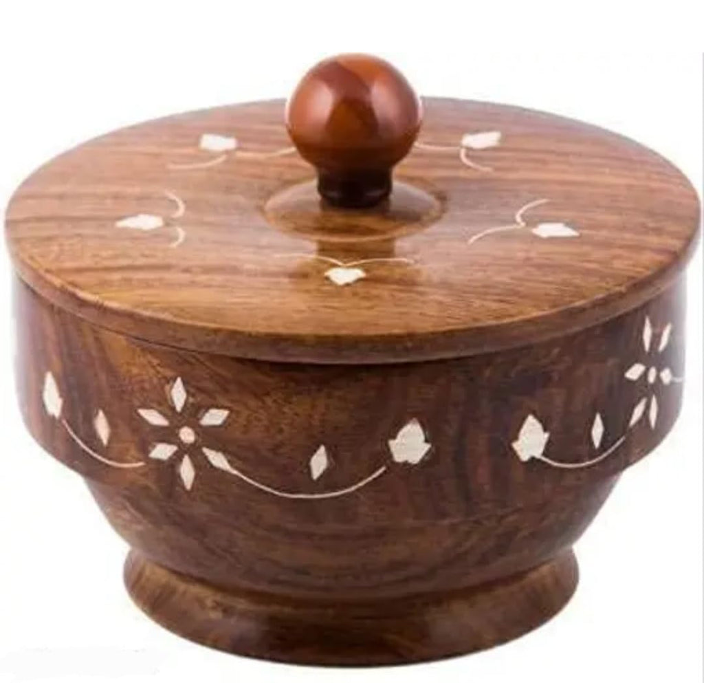Wooden Chapati Box with Lid, Brown, Handcrafted Floral Inlay Design, Round Storage Container